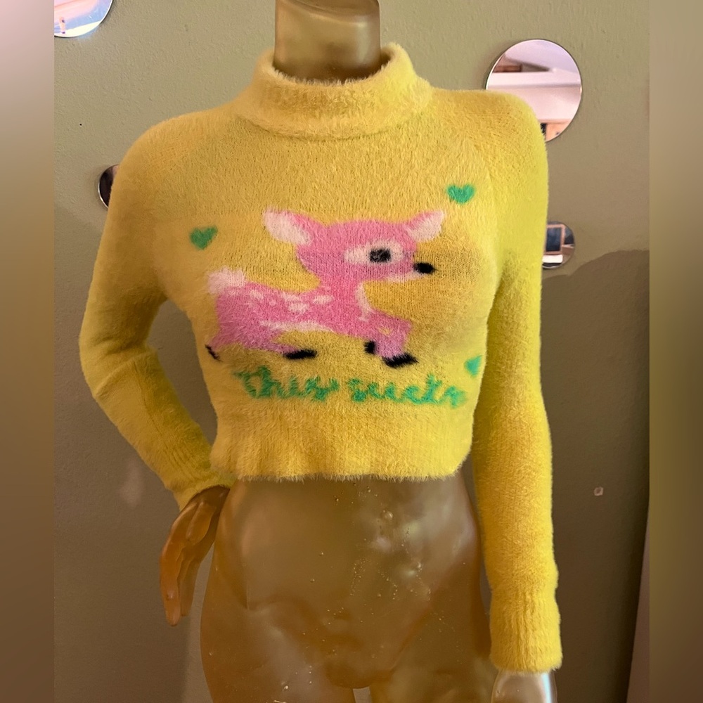 Urban Outfitters “This Sucks” Fuzzy Yellow Sweater with Pink Deer